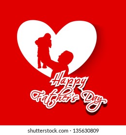 Happy Fathers Day text with silhouette of father and his child on red background.