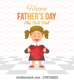 Happy Father's Day Theme, Geometric Heart Symbol Hold Little Girl, Flat Vector Poster, Event Flyer Illustration