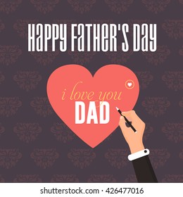 Happy Father's Day Theme "i love you Dad" Lettering, Flat Style Pencil Illustration