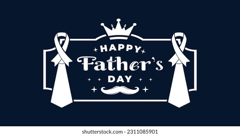 Happy Father's Day with ties, badges, and ornaments. Label for the celebration day. Great for banners, posters, t-shirt printing, and flyers. Vector design in white color isolated on the dark blue