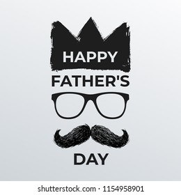 Happy father's day. Trendy brush stroke banner with father's day decoration elements. Freehand drawing. Words, crown, glasses, mustache. Vector illustration. Isolated on white background.