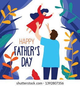 Happy Father's day trendy card with father and daughter in modern flat style. Father's day greeting card concept. Vector illustration