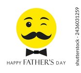 Happy Father's Day trendy greeting card. Cute web face icon with  mustache. Winking emoticon. Social media poster. Internet network timeline post. Isolated elements. Square gift card for the best dad.
