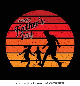 Happy Fathers Day Trendy Vintage T shirt design. Vector silhouette of father and daughter playing football with lettering happy father's day.