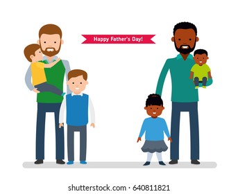 Happy Father's Day. Two happy father with children, single dad European, the other dad is African American. Happy cute family. Vector illustration in cartoon flat style