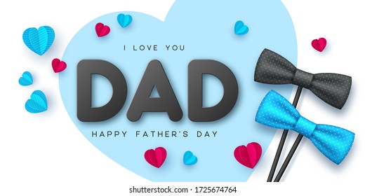 Happy Fathers Day typographic design with bow tie, paper cut hearts. 3d greeting text. Vector promotional template.