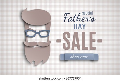 Happy Fathers Day typographical design for sale banner. Checkered beige background with paper cut hipster men's bearded face with mustache and glasses, vector illustration