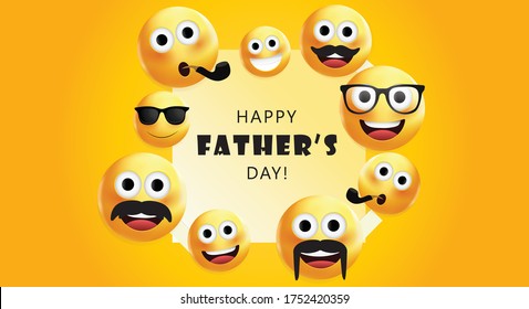 Happy father's day typography background with yellow faces.Happy father's day emoji or emoticon for greeting card or poster.Smiley background.Emoji background Vector illustration.