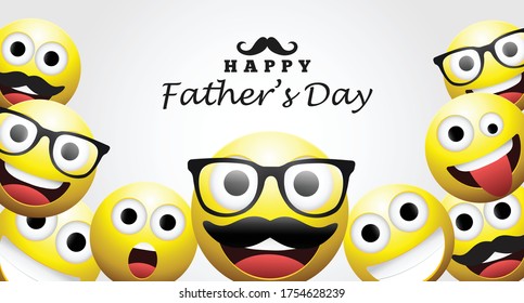 Happy father's day typography background with yellow faces.Happy father's day emoji or emoticon for greeting card or poster.Smiley background.Emoji background Vector illustration.