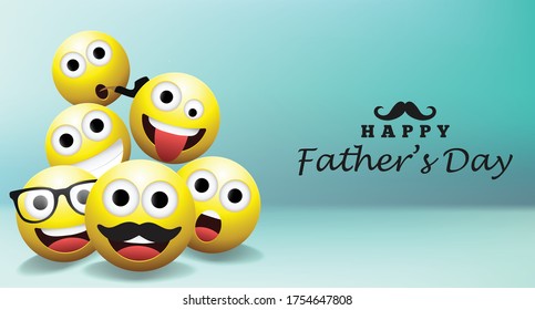 Happy father's day typography background with yellow faces.Happy father's day emoji or emoticon for greeting card or poster.Smiley background.Emoji background Vector illustration.