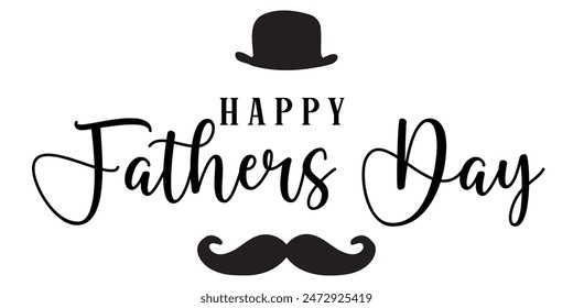 Happy father's day typography design, hand drawn lettering with cap and mustache. Holiday lettering isolated on white background.