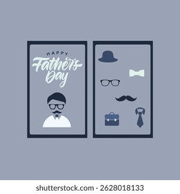 Happy Father's Day typography design, hand drawn lettering with mustache.cap,bow,tie,bag,glasses