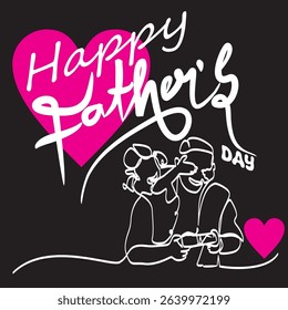 Happy Father's Day typography design with pink love vector lines, father and son on black background