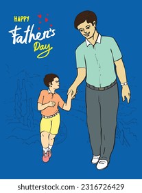 Happy father's day typography. Father and boy are walking with love 2d vector illustration on the blue background.