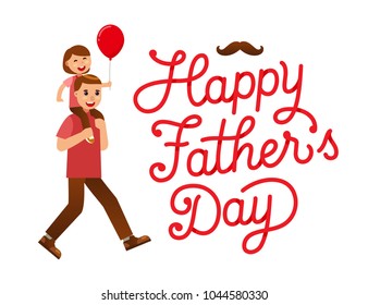 happy father's day typography with girl on a piggy back ride vector illustration