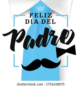 Happy fathers day typography on blue necktie with mustache and black bow tie Spanish version. Father`s day sale promotion banner. Vector illustration