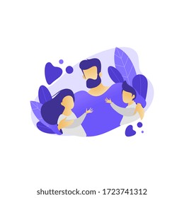 Happy Father`s Day typography vector design for greeting cards and poster. Father hugs children. Design template celebration. Vector illustration.