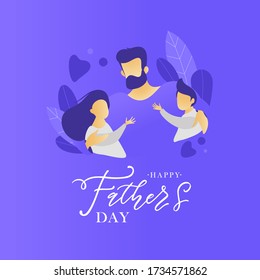 Happy Father`s Day typography vector design for greeting cards and poster. Father hugs children. Design template celebration. Vector illustration.