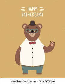 Happy Father's Day unique poster, card with cute bear character. Vector illustration. Character design. Retro style. Hipster bear.