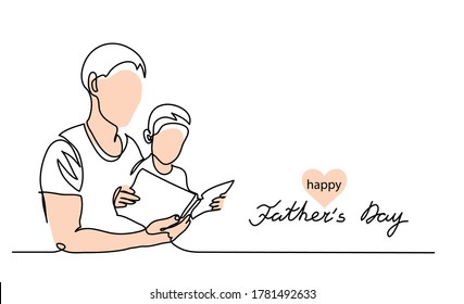 Happy Fathers day vector background, web banner, poster. Dad and kid read a book together. One continuous line drawing banner with lettering Fathers day.