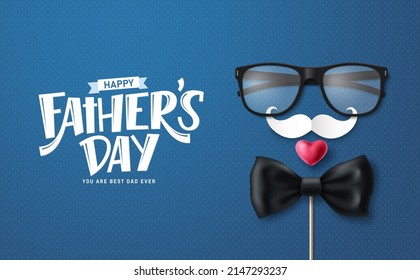 Happy father's day vector background design. Father's day greeting text with sunglasses, bow tie and mustache elements for card decoration. Vector illustration.
