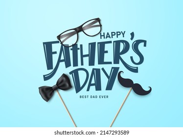 Feliz diseño de fondo vectorial del día del padre. Texto del saludo del día del padre con gafas de sol, corbata de arco y elementos de bigote para la decoración de la tarjeta. Ilustración vectorial.