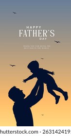 Happy Fathers day vector background, web banner, poster. Father and son silhouette with background. Happy Father's day greeting illustration.