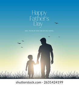 Happy Fathers day vector background, web banner, poster. Father and son silhouette with background. Happy Father's day greeting illustration.
