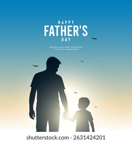 Happy Fathers day vector background, web banner, poster. Father and son silhouette with background. Happy Father's day greeting illustration.