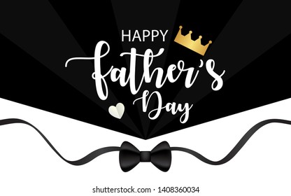 Happy Fathers Day Vector Banner in black white background, tuxedo style. Design elements gold king crown and black ribbon or bow tie . For greetings, invitations, banners, posters, cards.