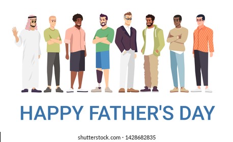 Happy fathers day vector banner template. Cheerful men, daddies celebrating family holiday. Handicapped dad happy with equal opportunities. Greeting card, postcard, poster design layout