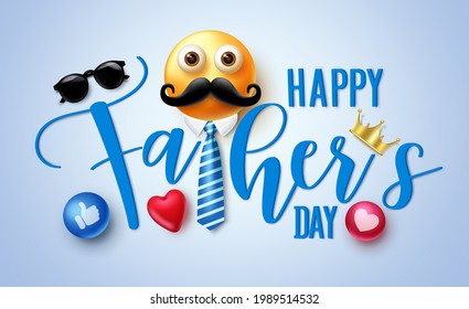 Happy father's day vector banner design. Happy father's day 3d text greeting with emoji and elements like crown and heart button for celebration message. Vector illustration