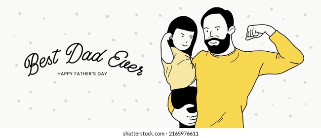 Cartel del vector del día del padre feliz. papi con barba sosteniendo la ilustración de su hija en un estilo lindo y encantador. Cartel del mejor papá, afiche de fiestas, tarjeta de saludo, fondo amarillo.