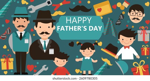 Happy Father's Day Vector Banner Illustration with Dad, Kids and Icons