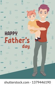 Happy Father's day vector card. Father with daughter on hands. Holiday congratulation poster
