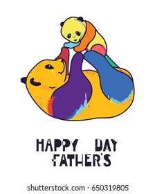 Happy fathers day vector cards with cute animals, Dad and kid panda bears, pop art style