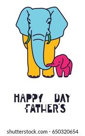 Happy fathers day vector cards with cute animals, Dad and kid elephants, pop art style