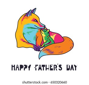 Happy fathers day vector cards with cute animals, Dad and kid foxes, pop art style
