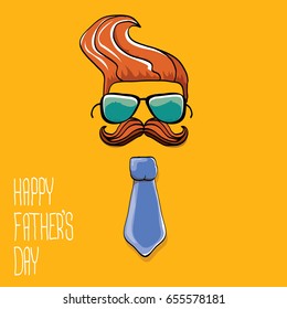 happy fathers day vector cartoon background with color tie, mustache, sunglasses and greeting text . fathers day vector label 