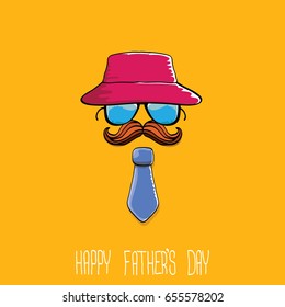 happy fathers day vector cartoon background with color tie, mustache, sunglasses and greeting text . fathers day vector label 