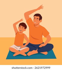Happy Father's Day. Vector cheerful illustration happy funny father and son sitting on the rug doing exercises. Illustration for Family Day, Children's Day
