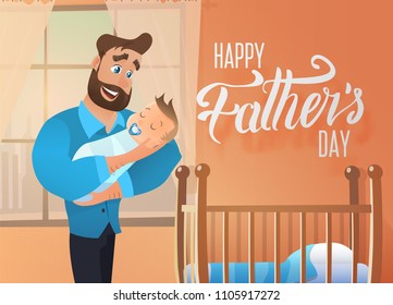 Feliz Día del Padre Concepto de vector o tarjeta de saludo con personaje de caricatura de Hombre Sonriente sosteniendo bebé durmiendo en las manos cerca de la cama infantil en una habitación soleada. Un padre amable abrazando a un hijo recién nacido