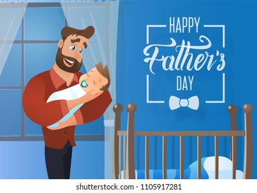 Happy Fathers Day Vector Concept Or Banner With Touched Father Cartoon Character Holding His Sleeping Baby On Hands Near Infant Bed At Night. Smiling Dad Hugging His Dormant Newborn Son Illustration