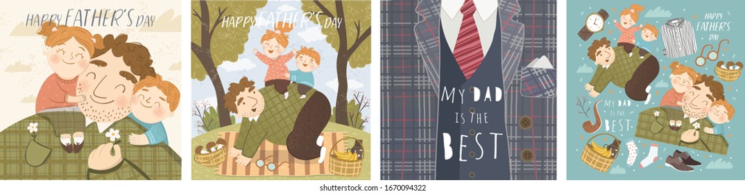 Happy Father's day Vector cute illustration of son and daughter hug daddy; father plays with kids on picnic; celebration concept of men suit; my dad is the best. Vector cute illustration for card