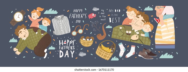 Happy Father`s Day! Vector Cute Illustration Of Father Plays With Kids, Children Hug Daddy, Quote My Dad Is The Best; Shirt, Socks And Gifts Isolated Objects. Drawings For Card, Poster, Postcard