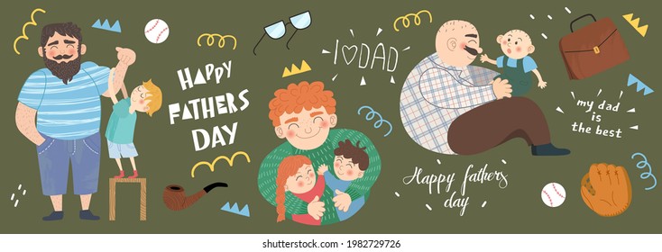 ¡Feliz Día del Padre! Vector lindo ilustración de diferentes padres con sus hijos. Dibujos para tarjetas de felicitación y carteles.