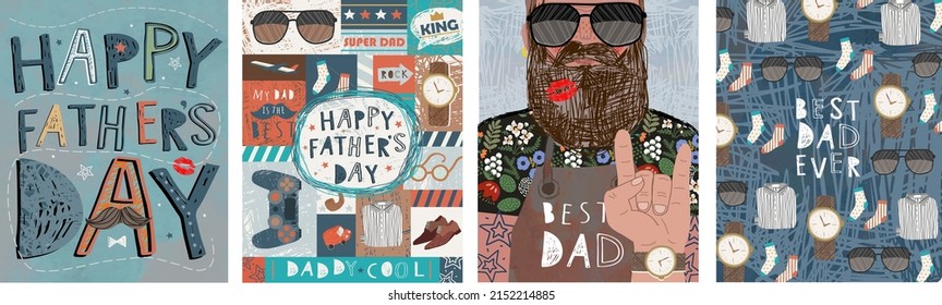 Happy Father's Day! Vector cute illustration of dad, text, male objects, pattern for postcard, card, poster or background