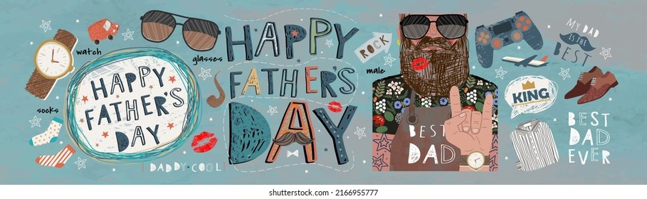 Happy Father's Day! Vector cute illustration of dad, text, male objects, pattern for postcard, card, poster or background	
