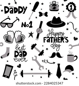 Happy Father's Day! Vector cute illustration of dad. Best Dad ever, Daddy text. Hand drawn set of various Fathers day icons.Men's lifestyle, sports equipment, clothes and accessories.