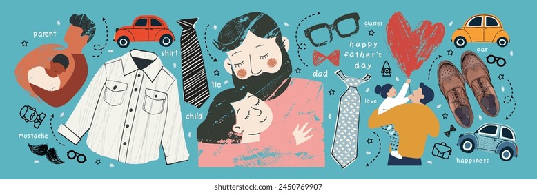 Einen schönen Vatertag. Vektorgrafik Nette Illustrationen von Vater und Tochter Kind, Umarmung, Herz, Auto, Herrenhemd, Krawatte, Brille, Stiefel, Schuhe, Schnurrbart und Bart für Grußkarte, Aufkleber oder Banner